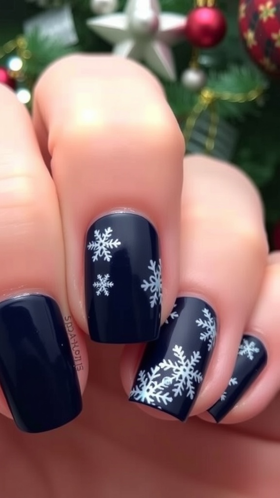 Navy blue Christmas nails with white snowflakes on a festive background.